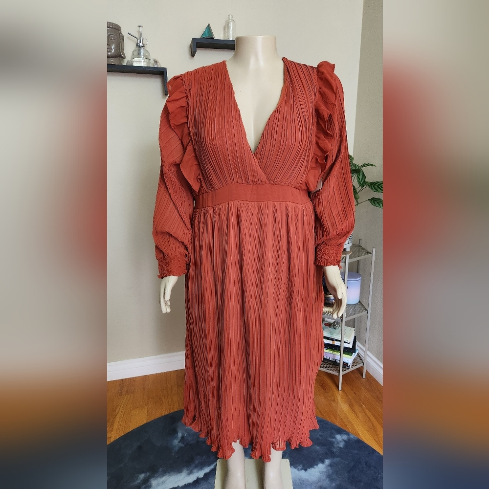 Red pleated chiffon dress
